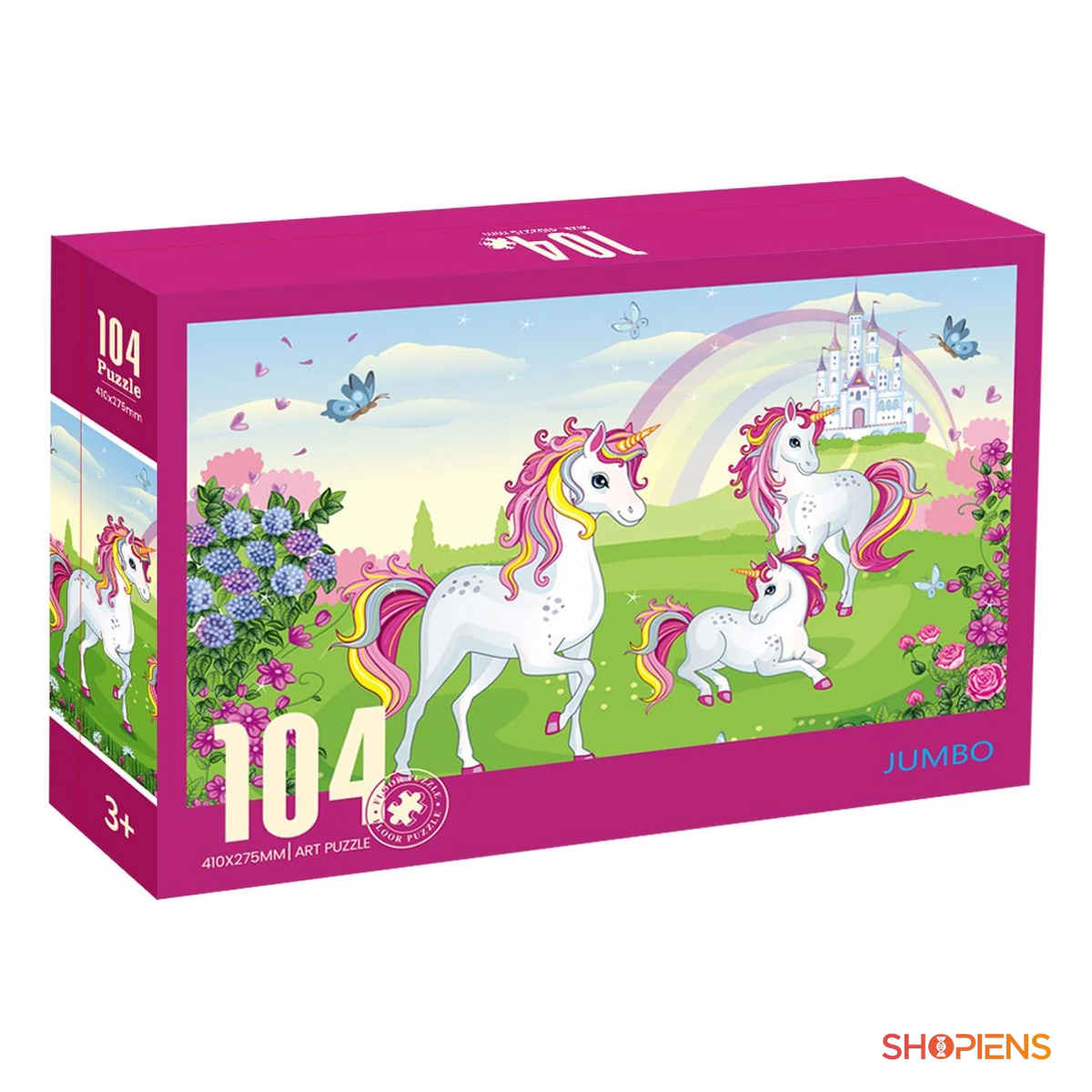 Puzzle cu unicorni, castel și curcubeu, 104 piese