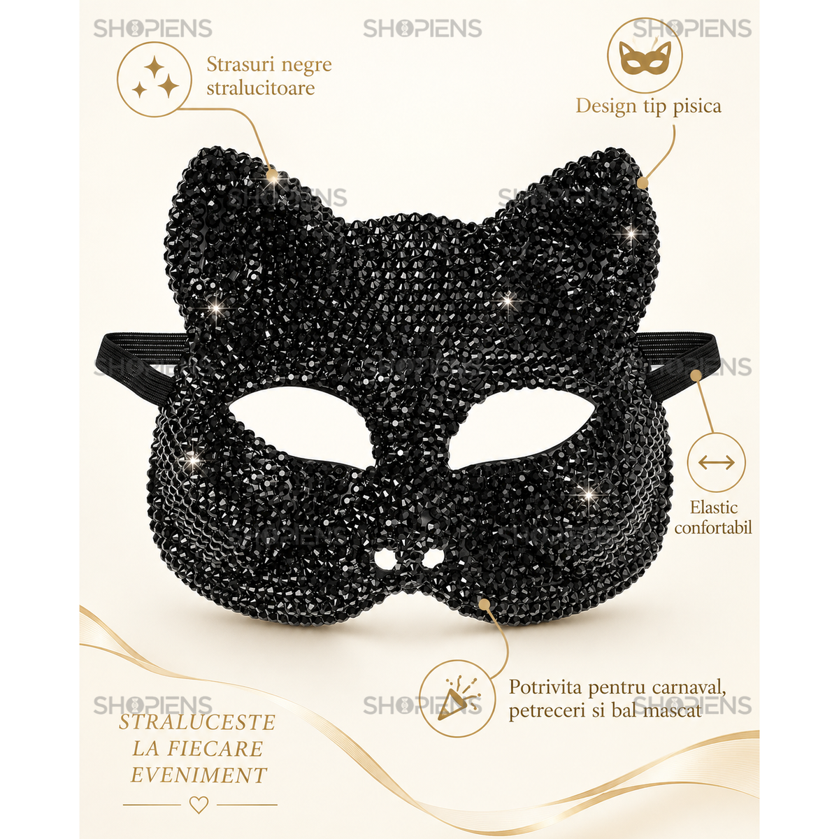 Masca Feline De Dama, Neagra Cu Strasuri - imaginea 4