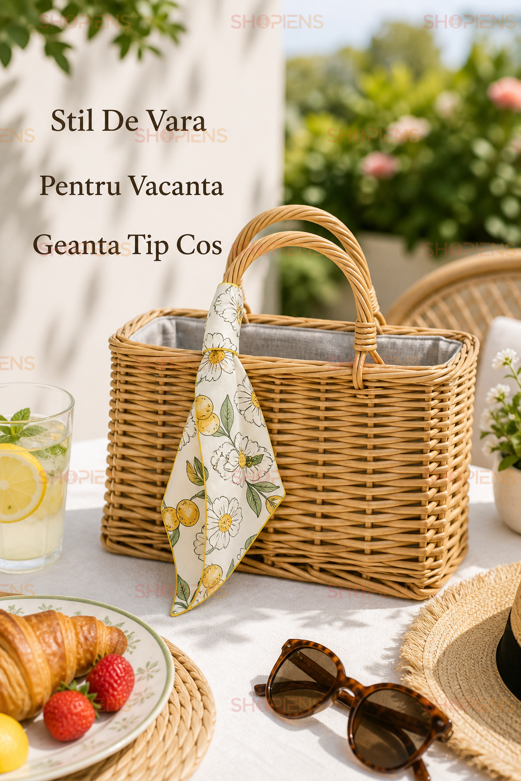 Geanta Tip Cos De Mana Din Paie Cu Batista Florala Pentru Vara