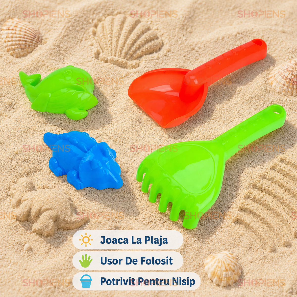 Set 4 Jucarii Nisip Copii Cu Lopatica Grebla Si Forme Animale Marine Pentru Plaja