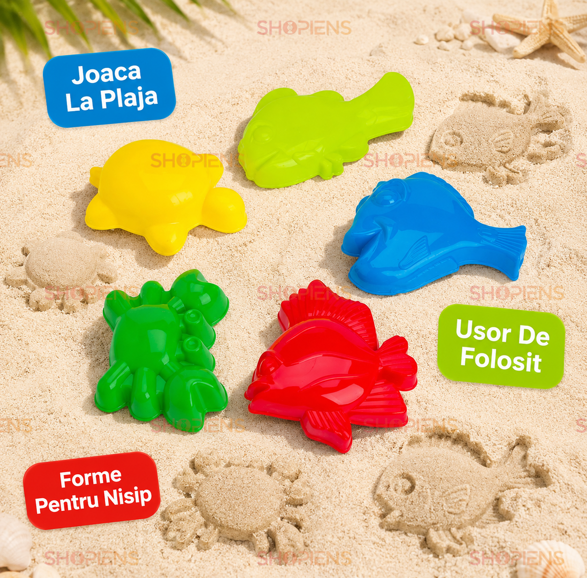 Set 5 Forme Nisip Copii Colorate Cu Animale Marine Pentru Plaja Si Joaca In Aer Liber