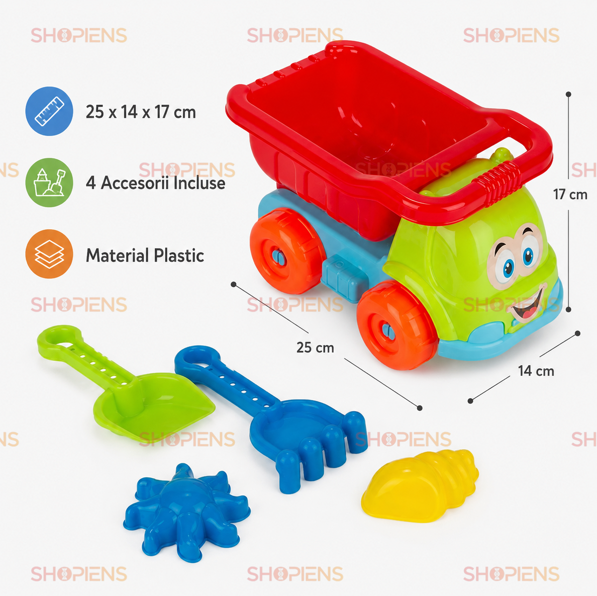 Set 5 Piese Nisip Copii Camion Colorat Cu Bena Lopatica Grebla Si Forme Marine Pentru Plaja
