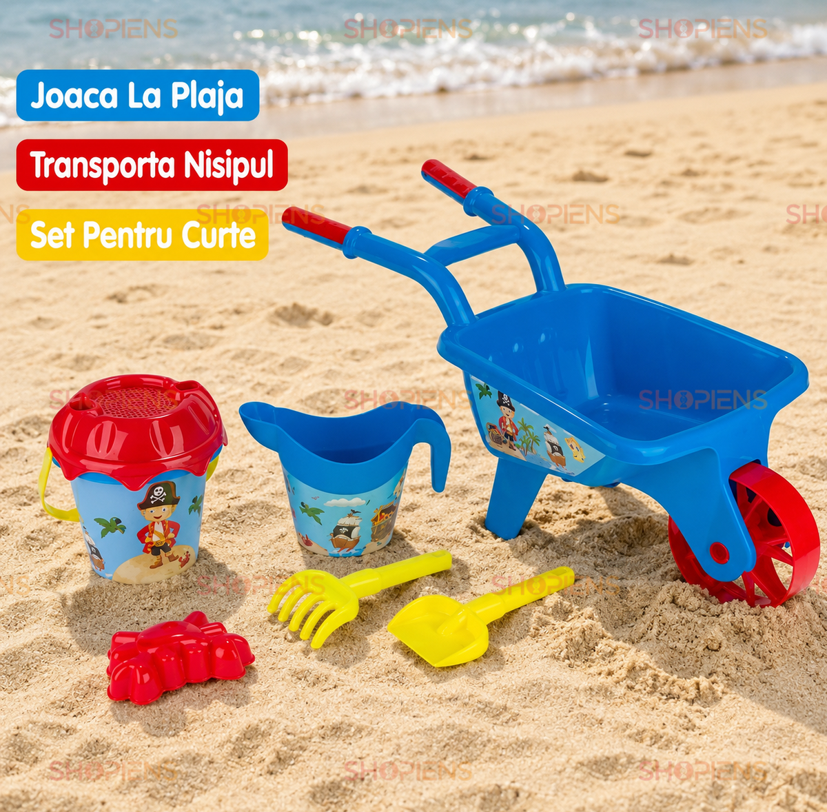 Set Roaba Cu 5 Accesorii Plaja Copii Model Pirati 30x27x26 cm Galeata Cana Lopatica Grebla Forma Crab