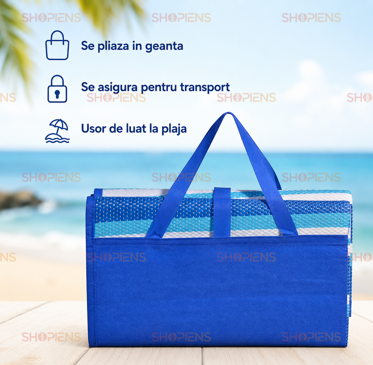 Rogojina Plaja Dubla Bleu Cu Dungi Albe Pentru Familie 180x150cm