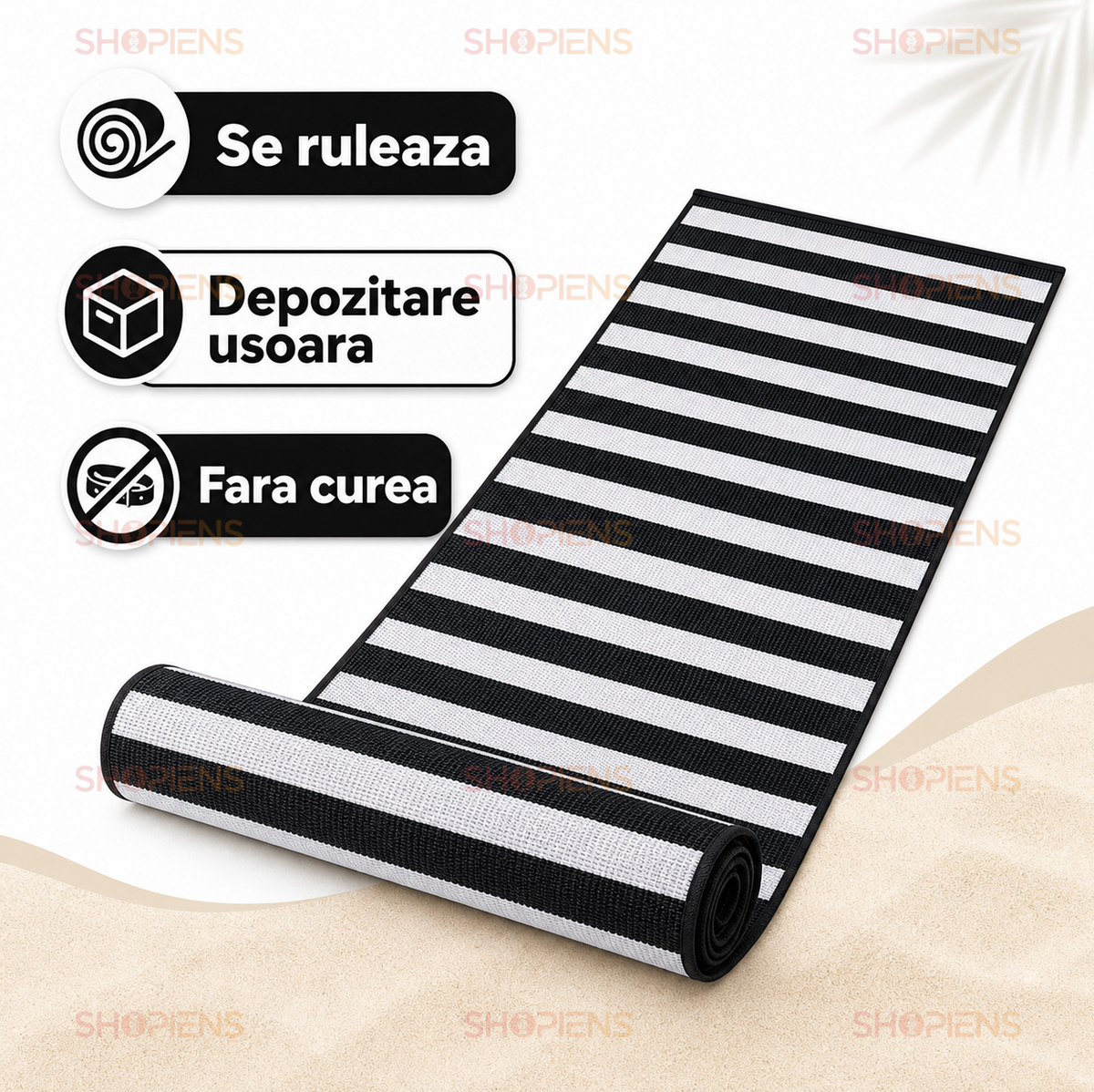 Rogojina Plaja Alb Negru Cu Dungi 180x60cm