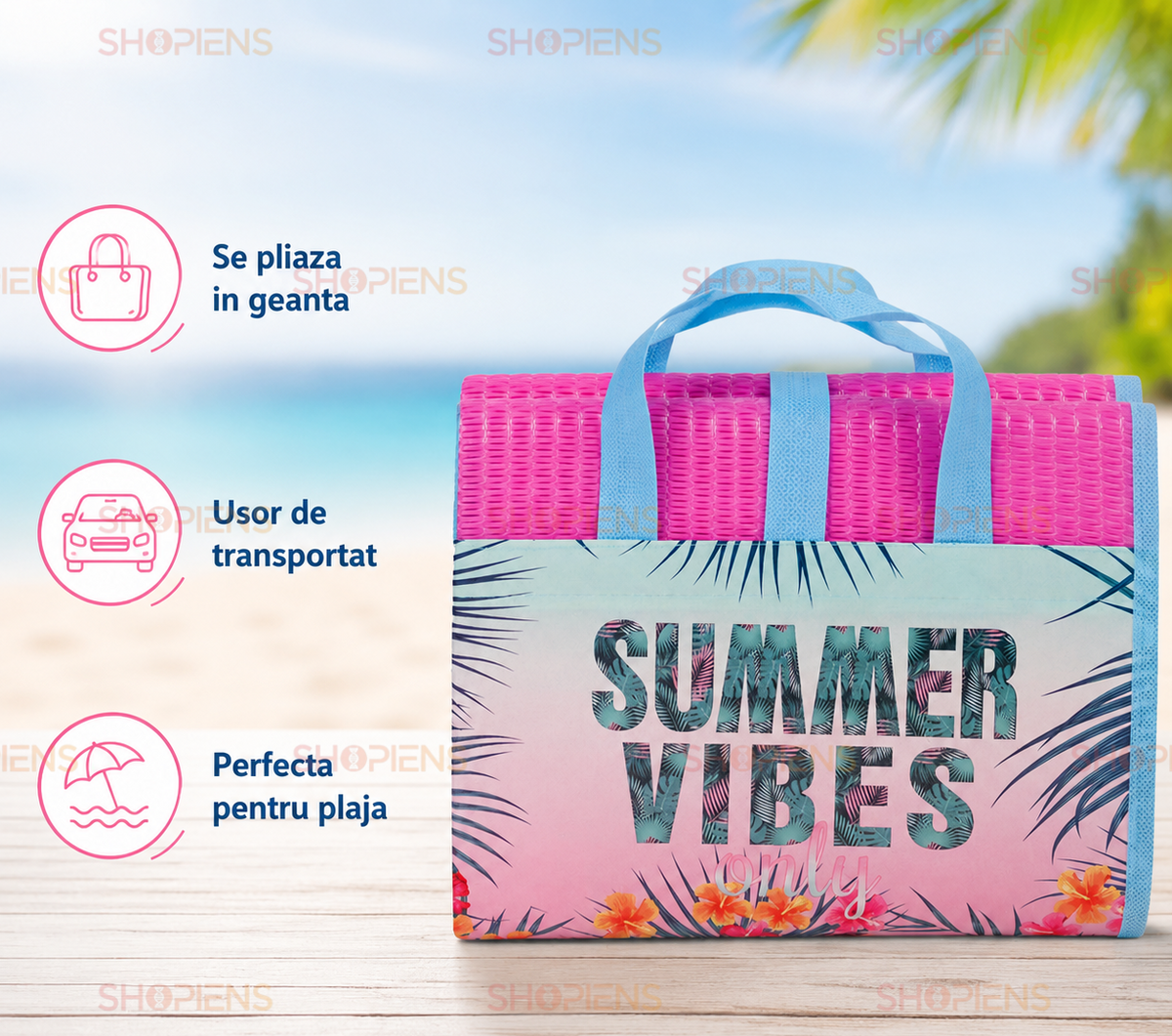 Rogojina Plaja Pliabila Roz Summer Vibes Cu Perna 180x86cm