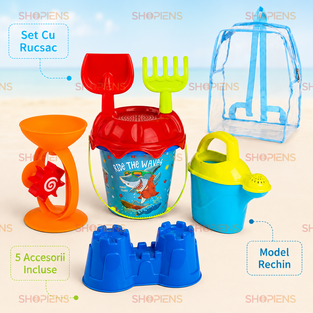 Set 7 Piese Plaja Copii Cu Ghiozdan Transparent Galetusa Rechin Moara Stropitoare Si Forma Castel