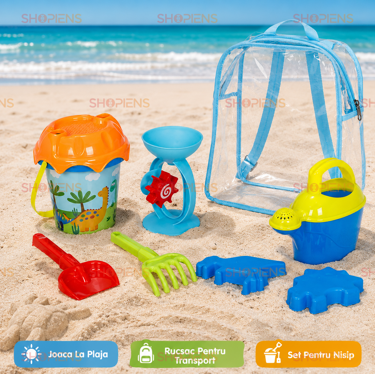 Set 8 Piese Plaja Copii Cu Ghiozdan Transparent Galetusa Dinozaur Moara Stropitoare Si Forme