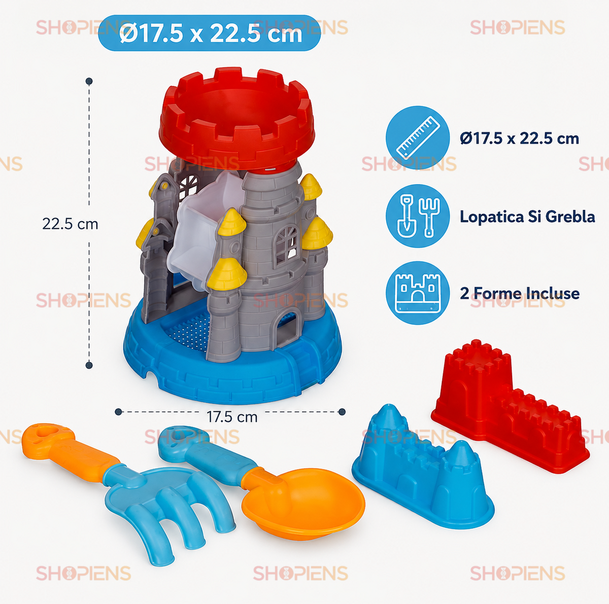 Set Castel Cu 4 Accesorii Pentru Plaja Copii Ø17.5x22.5 cm Grebla Lopatica Si Forme