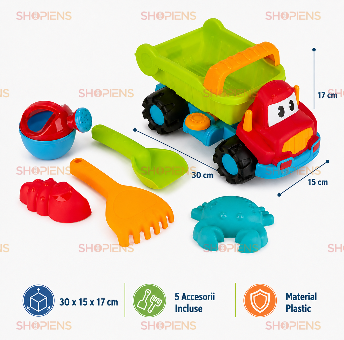 Set 6 Piese Nisip Copii Cu Camion Verde Lime Stropitoare Lopatica Grebla Si Forme Marine