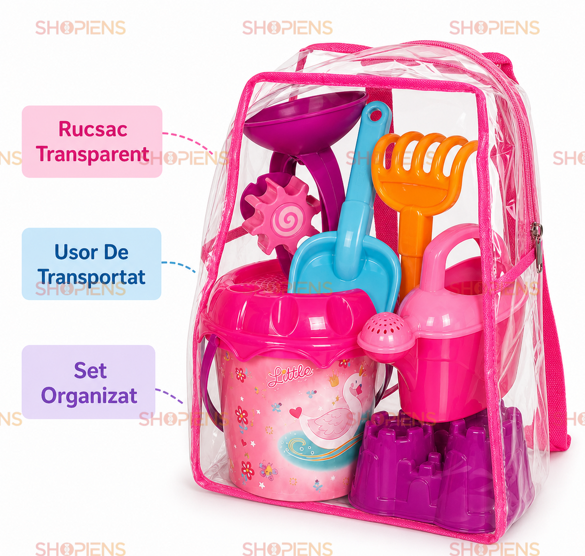 Set Ghiozdan Transparent Roz Cu 6 Accesorii Plaja Copii Galetusa Lebada Moara Stropitoare Si Castel