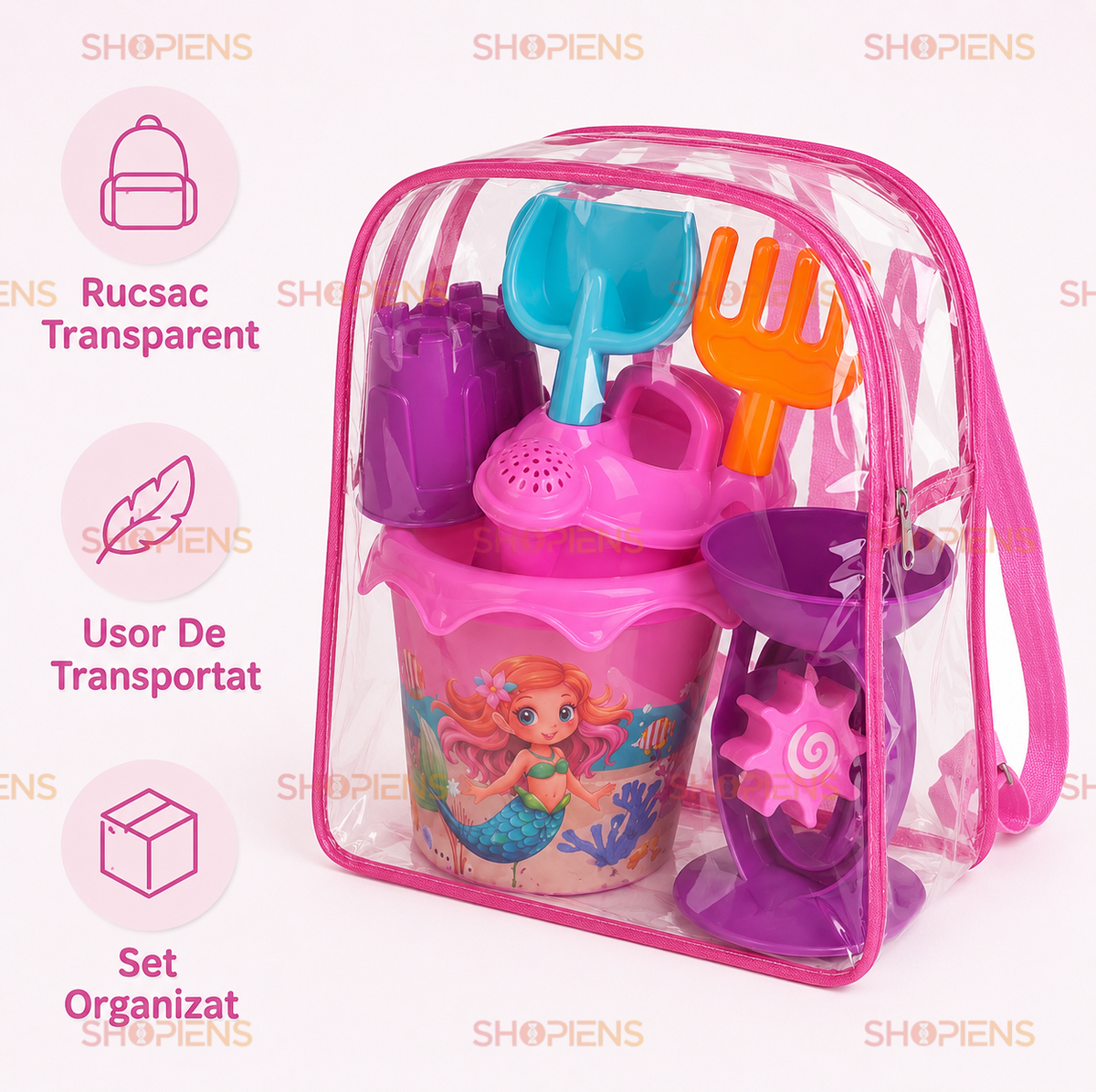 Set Ghiozdan Transparent Roz Cu 6 Accesorii Plaja Copii Galetusa Sirena Moara Stropitoare Si Castel
