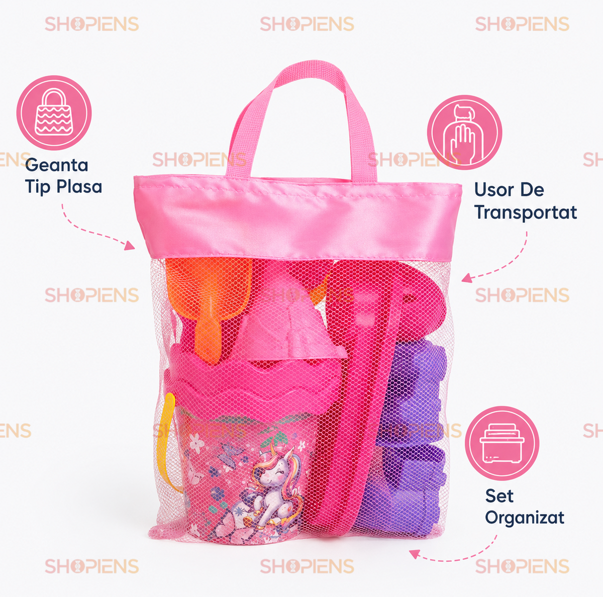 Set Plasa Roz Cu 7 Accesorii De Plaja Copii 37x20x42 cm Galetusa Unicorn Vaporas Si Forme