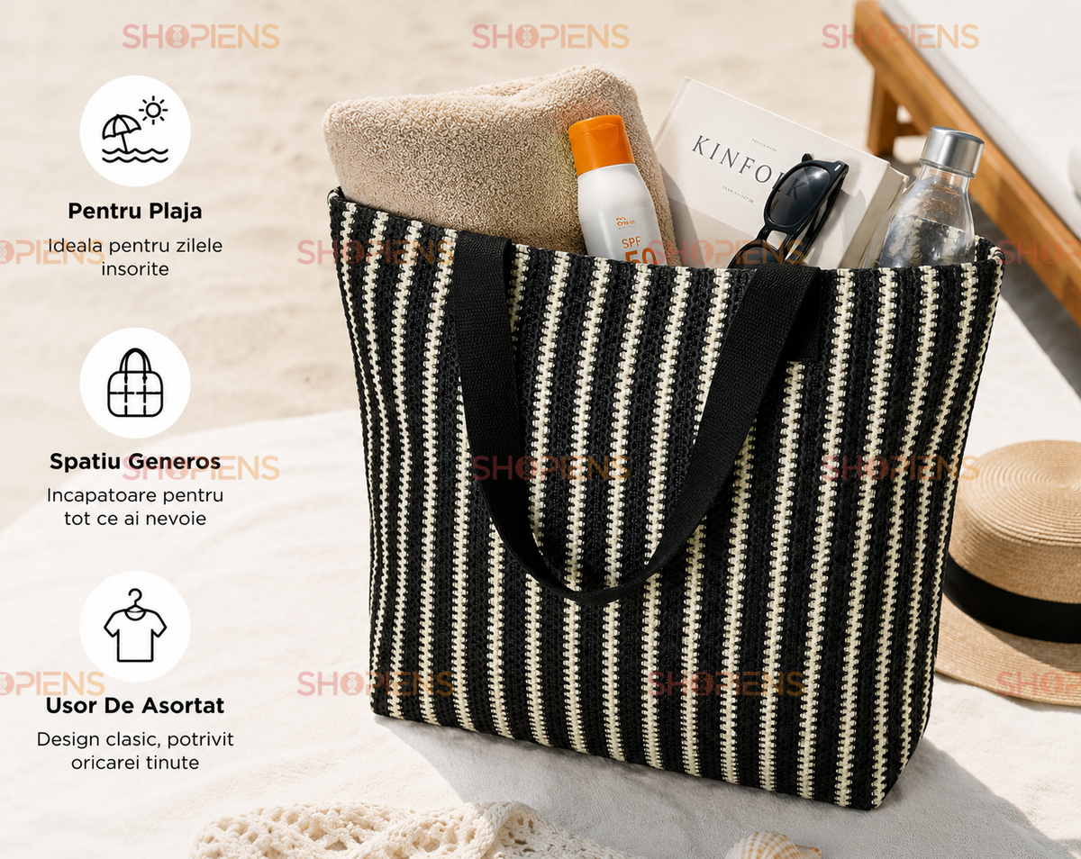 Tote De Plaja Negru Cu Linii Albe Si Manere Textile