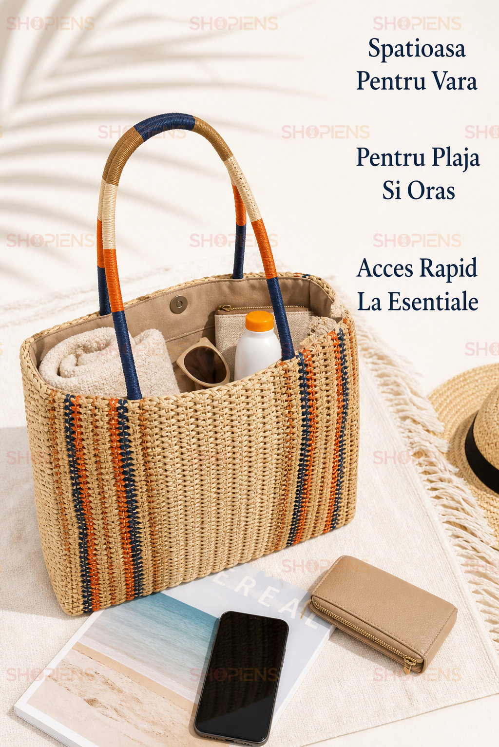 Shopper Estival Din Paie Bej Cu Dungi Colorate Si Manere Impletite