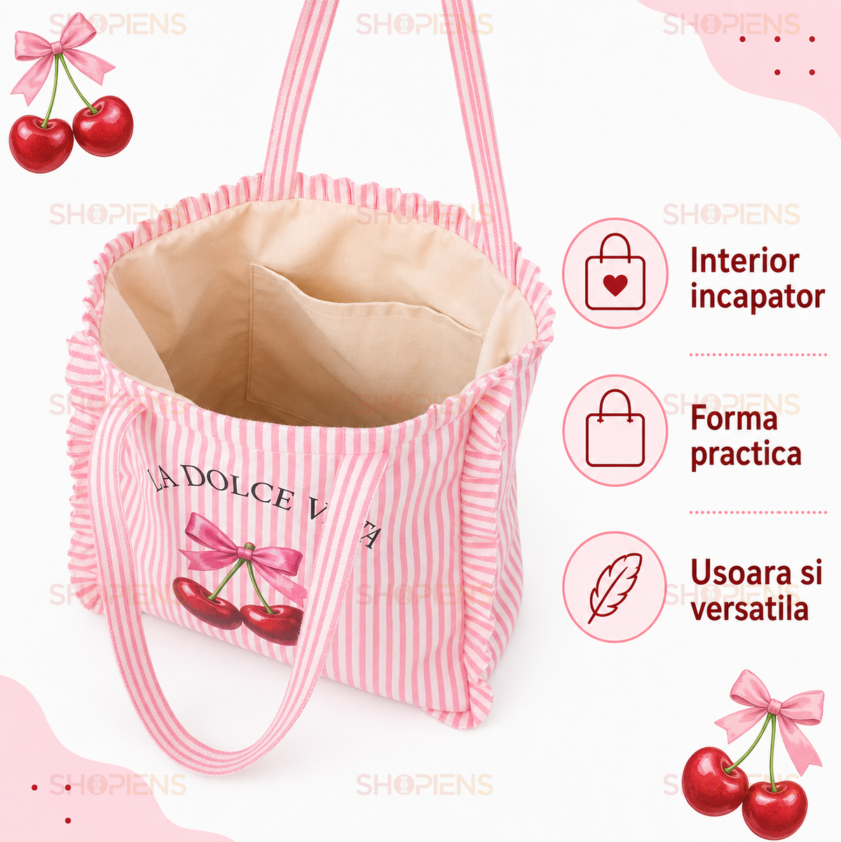 Geanta De Vara Roz Cu Cirese La Dolce Vita Si Volane Decorative
