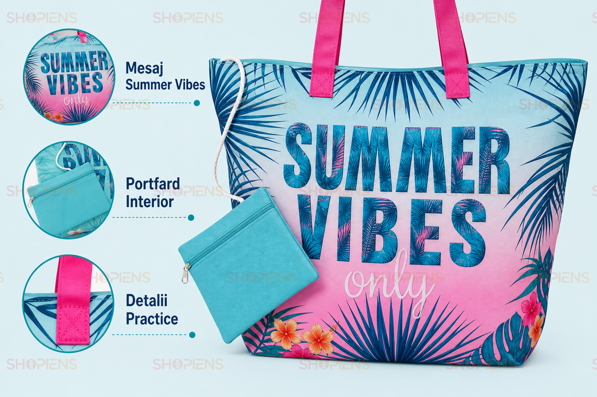 Geanta De Plaja Turcoaz Cu Portfard Si Mesaj Summer Vibes Only