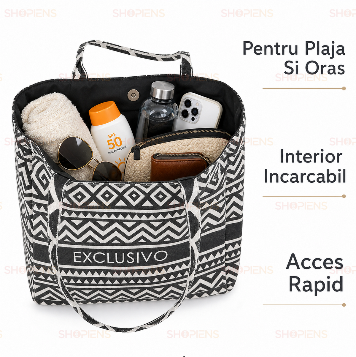 Geanta Shopper Textila Neagra Cu Model Tribal Si Inchidere Capsa