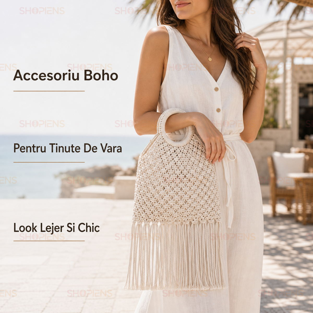 Poseta Macrame Ecru Cu Franjuri Lungi Si Maner Rotund