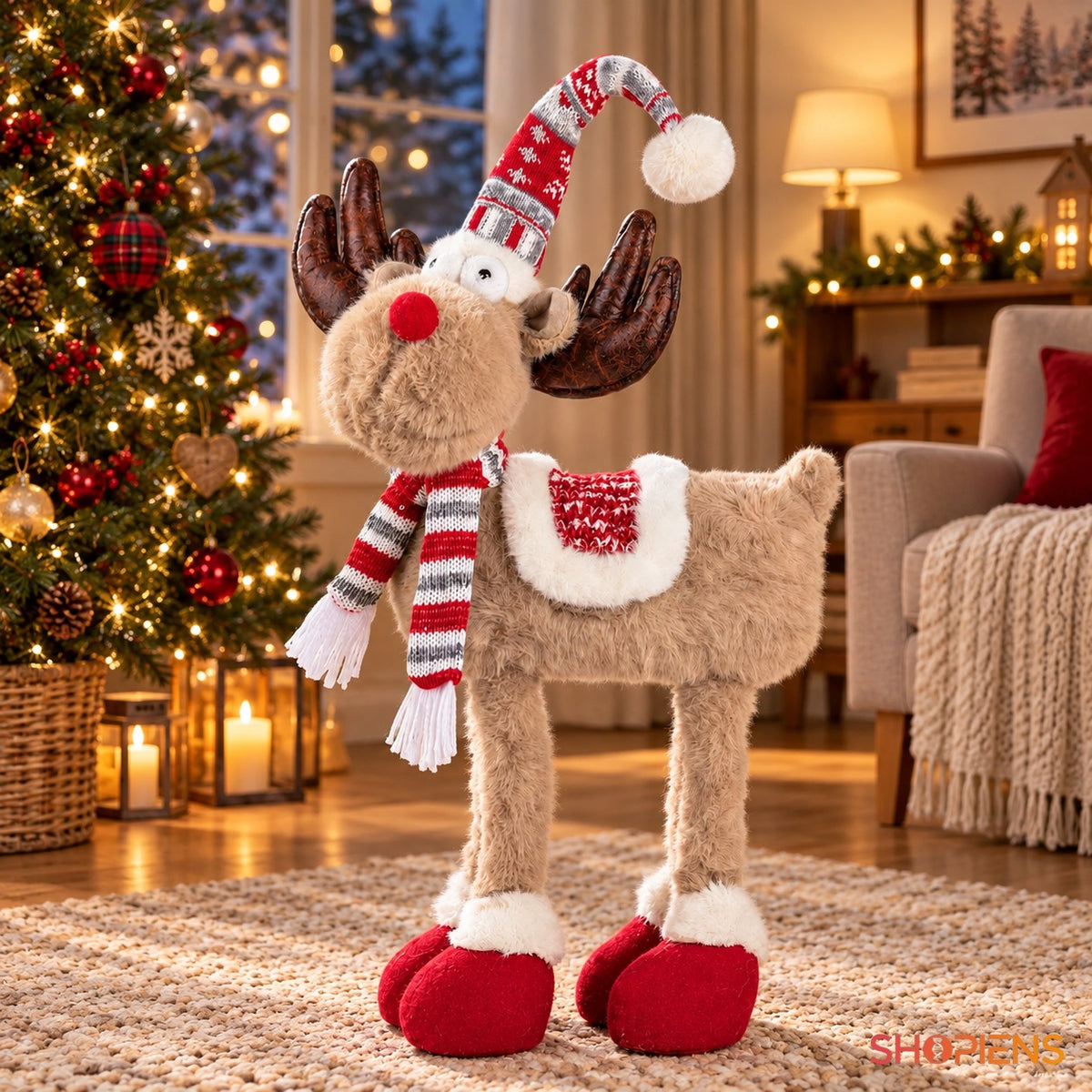 Ren decorativ cu căciulă roșie și fular, 66 cm