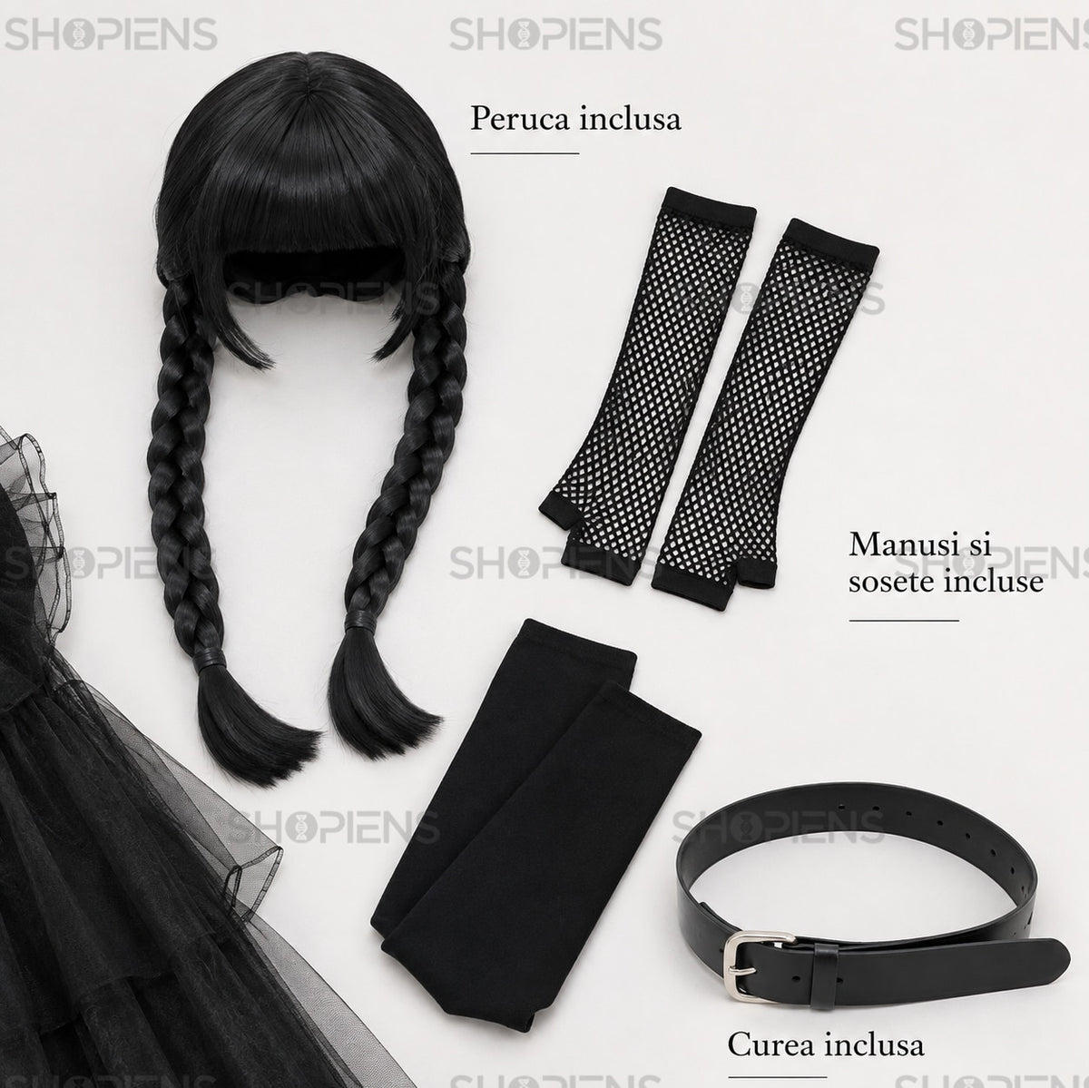Costum Gothic negru pentru fete, 10 ani, cu rochie din tul și accesorii – imagine 8
