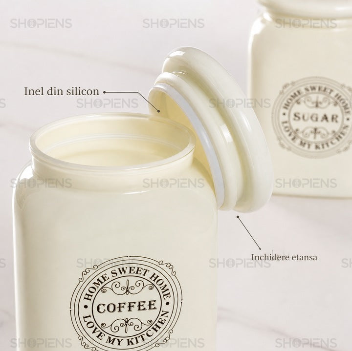 Set 2 borcane cafea si zahar din sticla ecru, 0.9 L, Shopiens