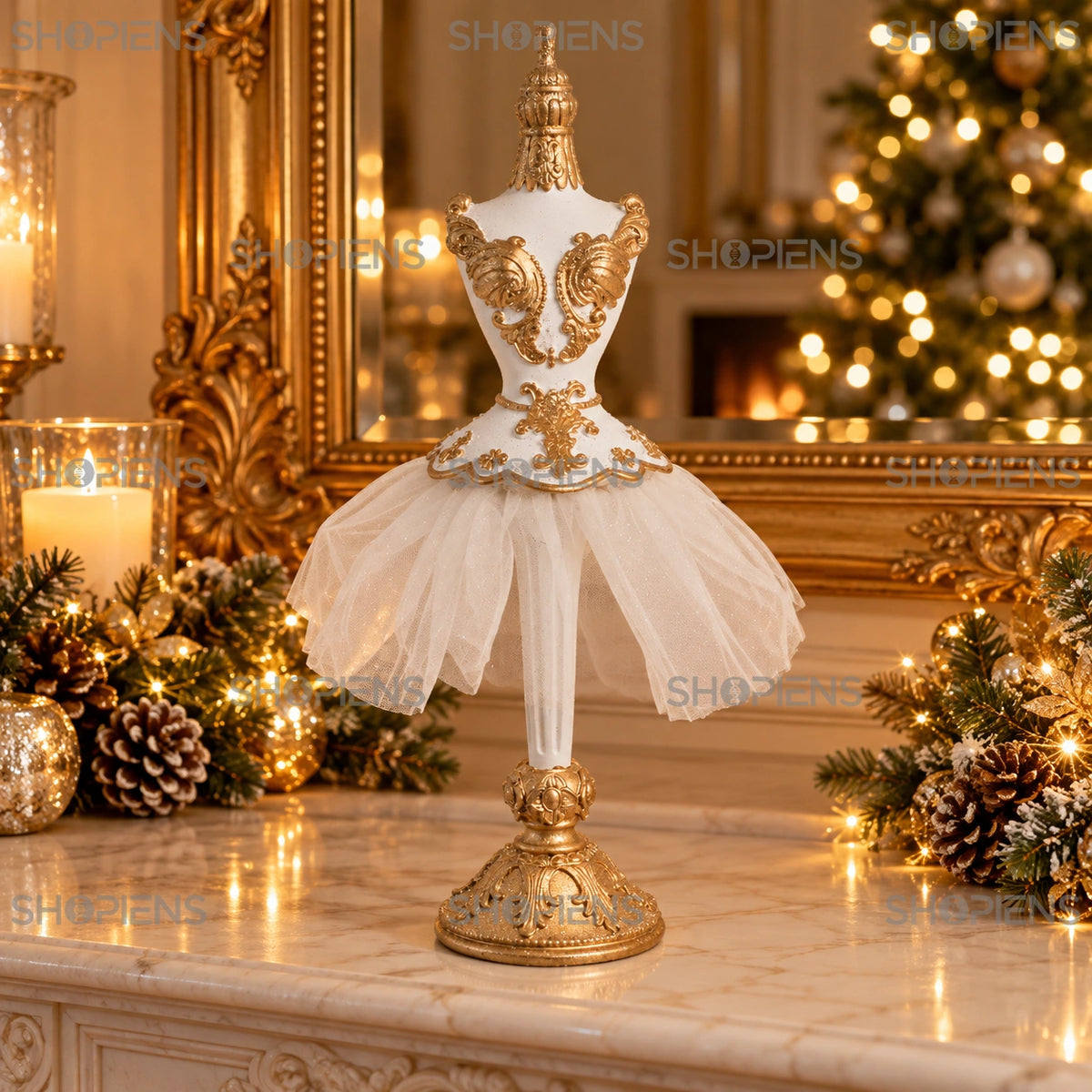 Balerină manechin cu tul și glitter șampanie, 38 cm pe șemineu, într-un decor de seară cu lumini festive | Shopiens®
