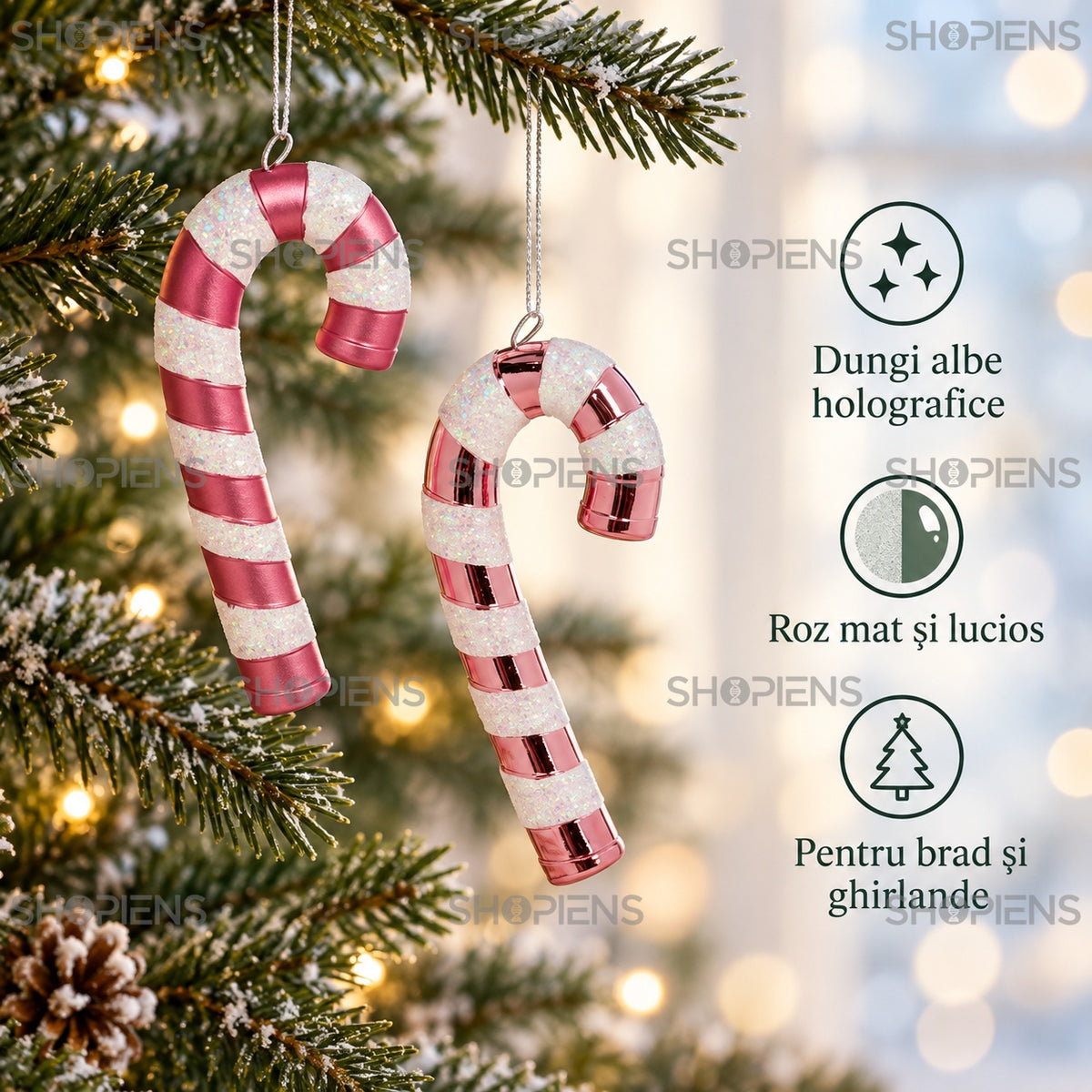 Bastonașe Candy roz-alb pentru brad, set 4, 14 cm – finisaje și detalii – Shopiens