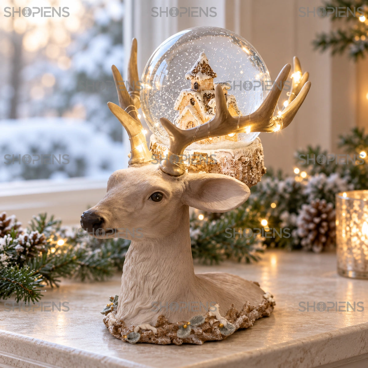 Cap de ren cu lumini LED și glob cu căsuță, 22 cm lângă fereastră, în decor de iarnă | Shopiens®