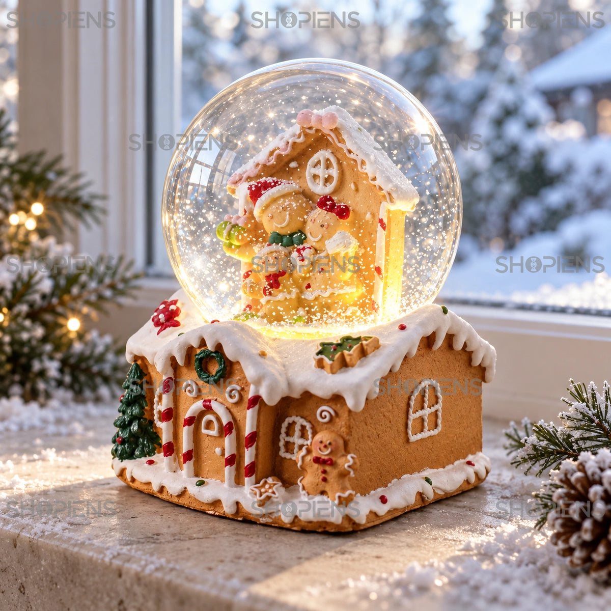 Căsuță de turtă dulce cu glob muzical și LED, 14 cm lângă fereastră, în decor de iarnă | Shopiens®