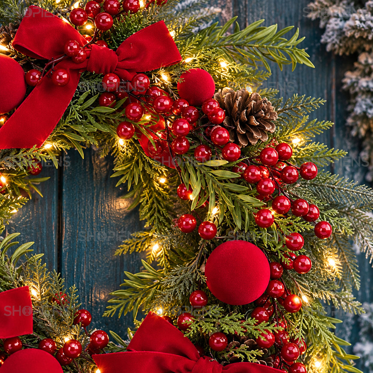 Coroniță cu funde roșii, globuri și LED, Ø55 cm, detaliu al crenguțelor și volumului, decor neinclus | Shopiens®