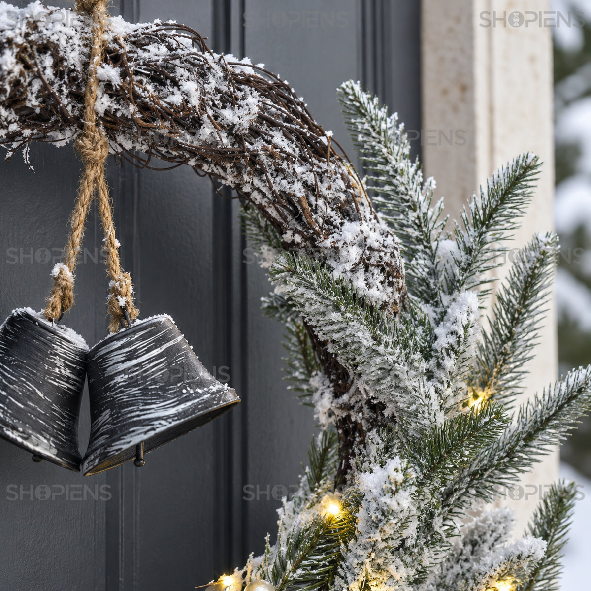 Coroniță ninsă cu clopoței argintii și LED, Ø60 cm, detaliu al crenguțelor și volumului, decor neinclus | Shopiens®