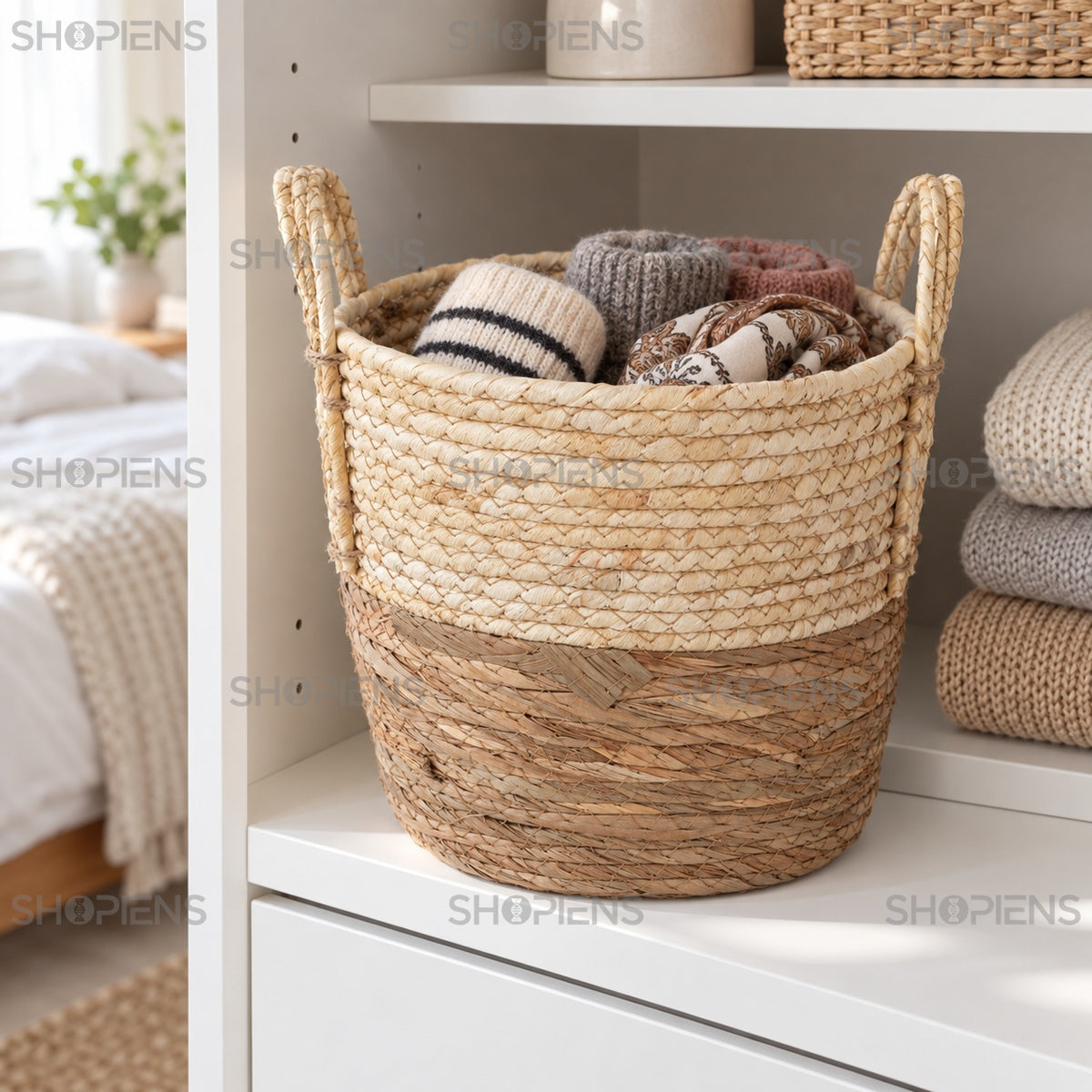 Coș bej-maro pentru organizarea textilelor