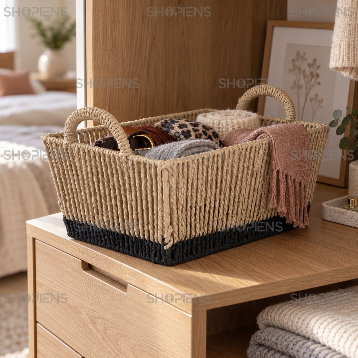 Coș cu mânere pentru textile, bej-negru