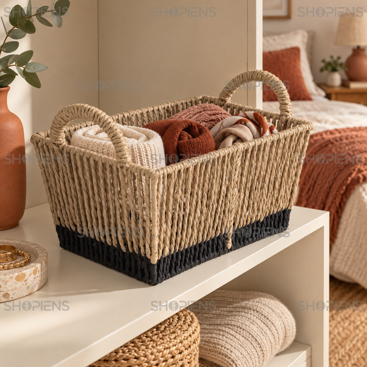 Coș împletit bej cu bază neagră, 31 cm