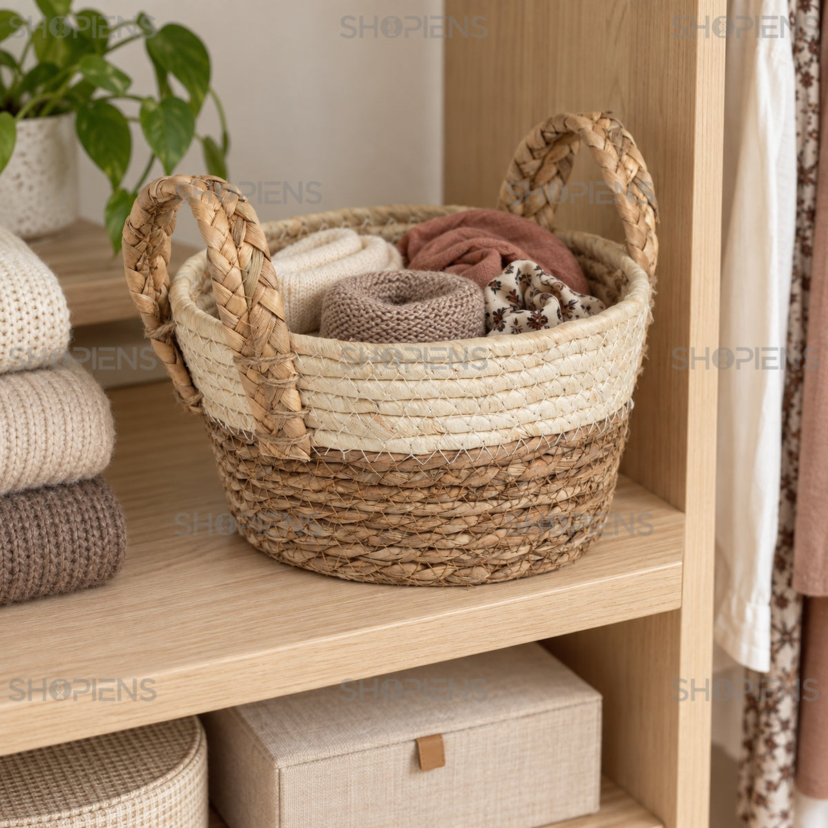 Coș rotund bicolor din fibre naturale, 22 cm