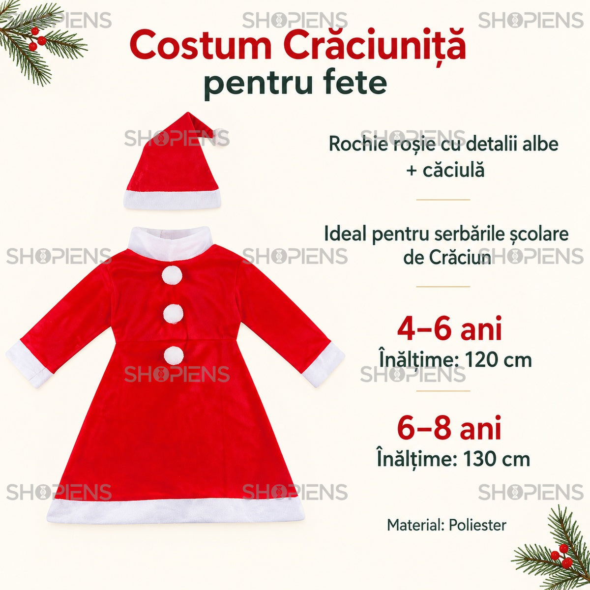 Rochie Crăciuniță cu căciulă pentru serbare, 6–8 ani (130 cm), informații despre mărimi și material | Shopiens®