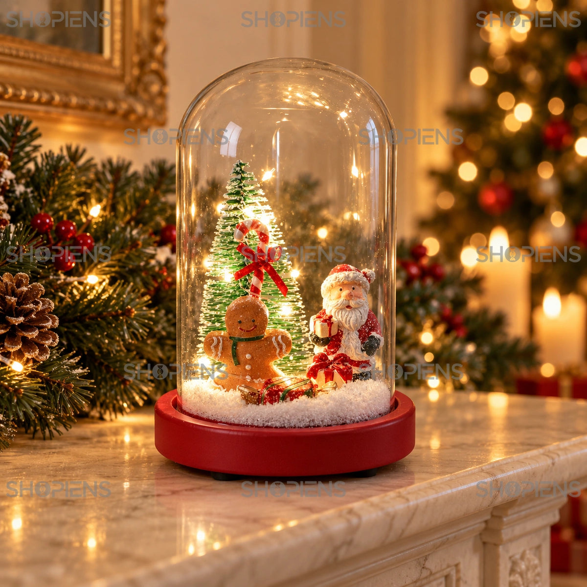 Cupolă cu Moș Crăciun și om de turtă dulce, 20 cm pe șemineu, într-un decor de seară cu lumini de Crăciun | Shopiens®