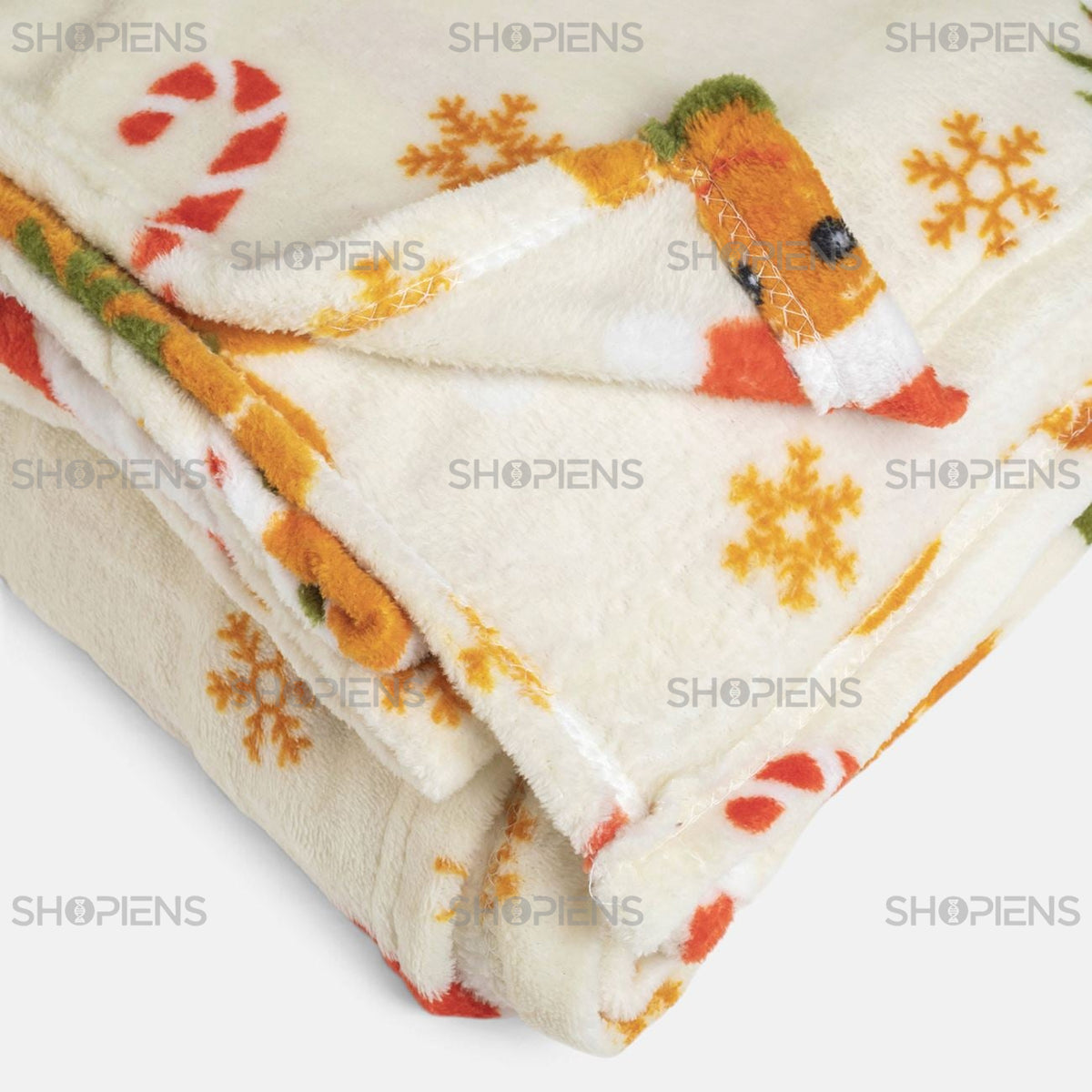 Cuvertură ecru cu gingerbread, 130 × 160 cm, detaliu de imprimeu și margine | Shopiens®