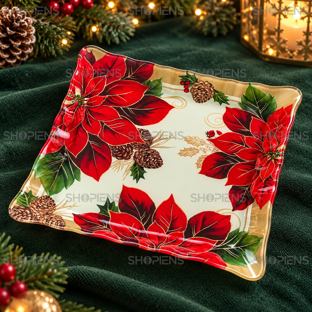 Farfurie din sticlă cu crăciunițe și vâsc, 25 × 25 cm, detaliu al designului, decor neinclus | Shopiens®