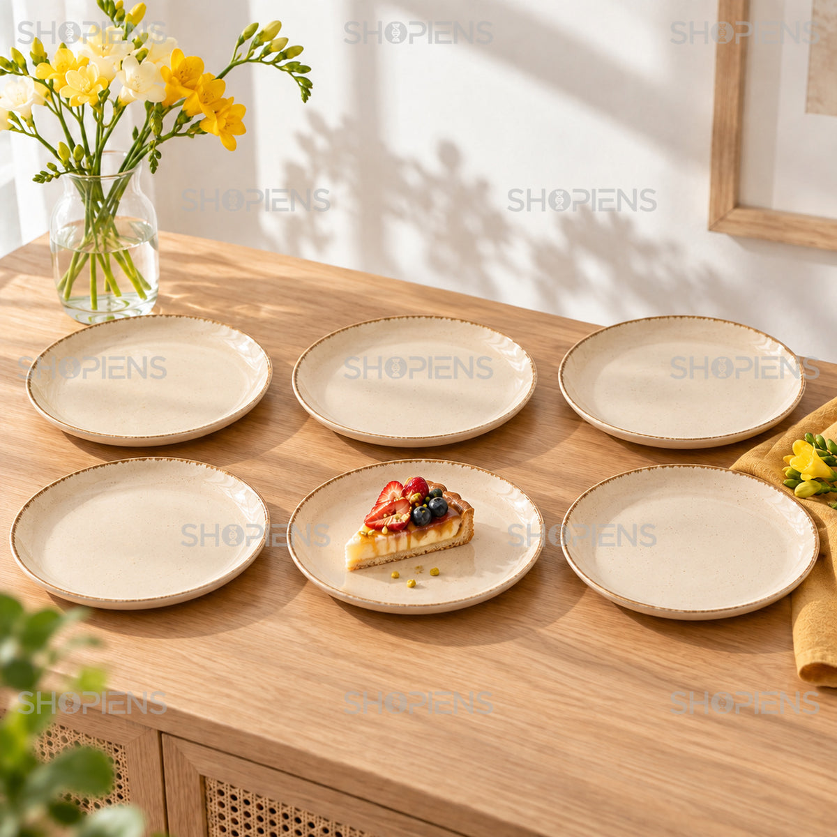 Set de 6 farfurii bej cu margine brună