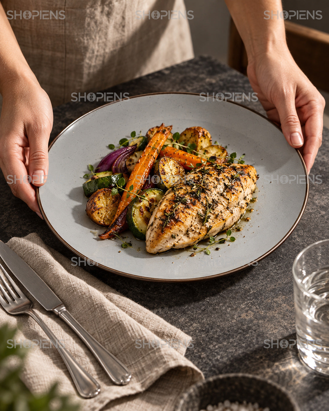 4 farfurii ceramice gri pentru fel principal, 27 cm