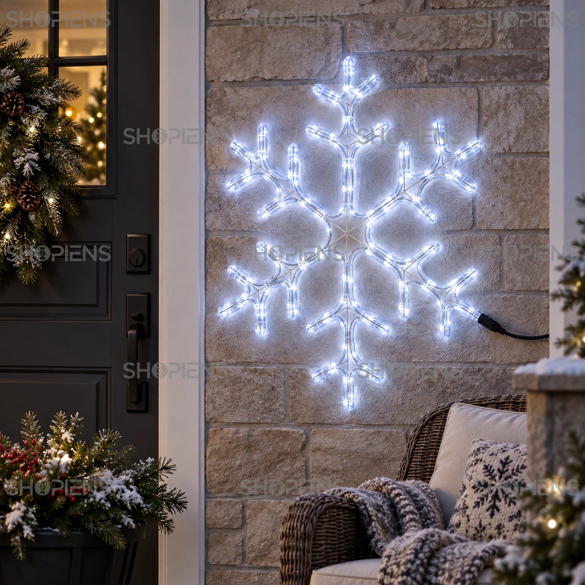Fulg luminos LED alb rece într-un decor de iarnă pe verandă | Shopiens®