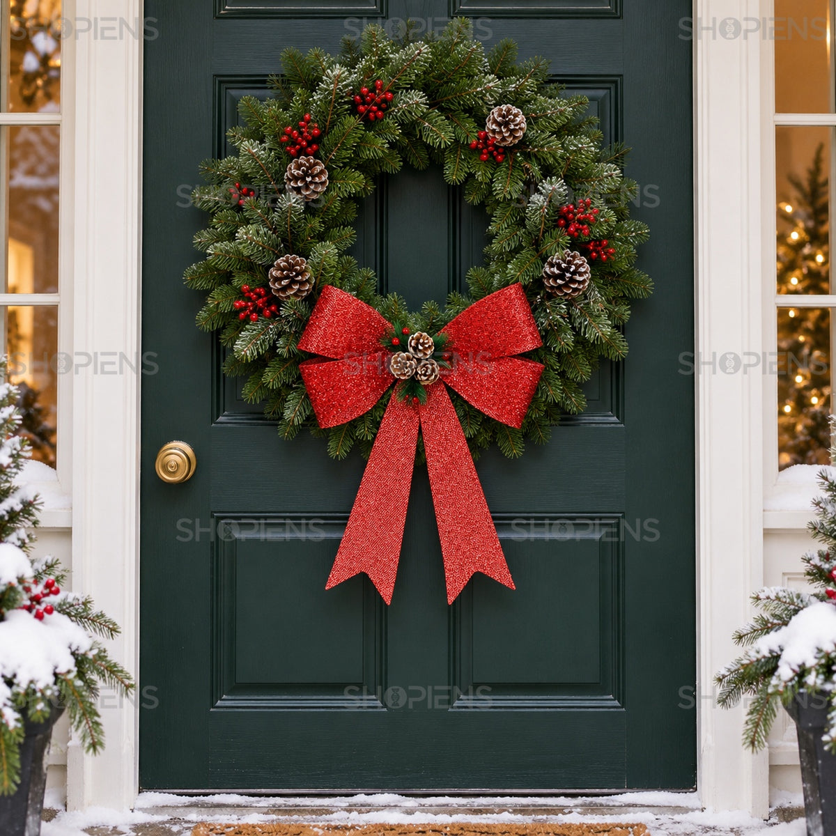 Fundă roșie din tinsel cu conuri, 47 cm, pe coroniță la intrare, decor neinclus | Shopiens®