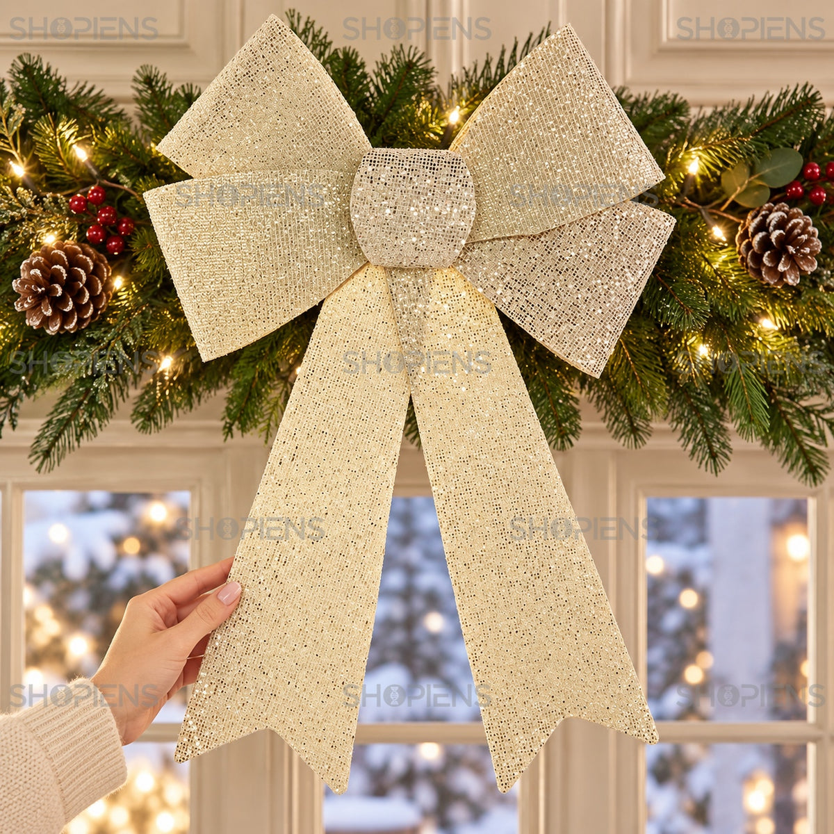 Fundă șampanie cu glitter și bucle duble, 30 × 43 cm, detaliu lifestyle, decor neinclus | Shopiens®