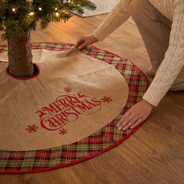 Fustă bej din iută pentru brad Merry Christmas cu carouri, 102 cm | Shopiens