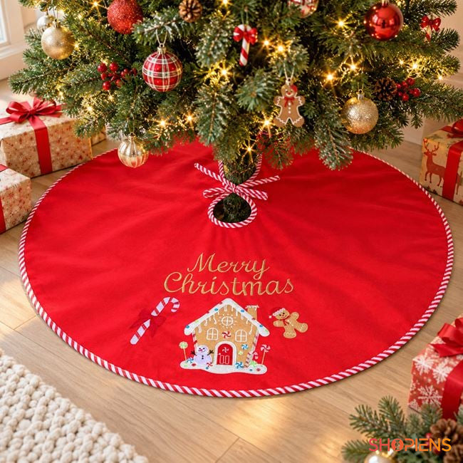 Fustă roșie pentru brad cu căsuță de turtă dulce, 100 cm | Shopiens