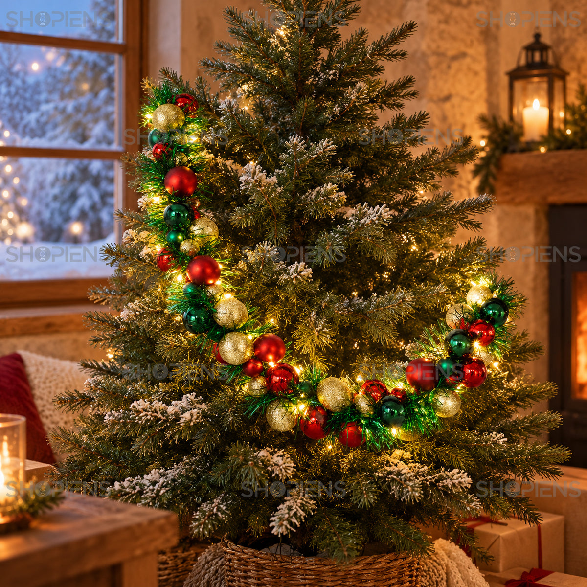 Ghirlandă cu beteală verde, globuri și 30 de LED-uri, 150 cm, aprinsă în brad într-un decor rustic, decor neinclus | Shopiens®