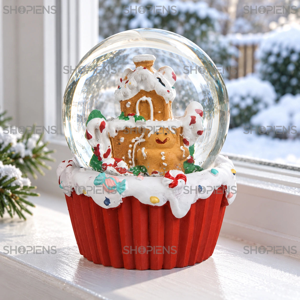 Glob de zăpadă cu căsuță pe brioșă roșie lângă fereastră într-un decor de iarnă | Shopiens®