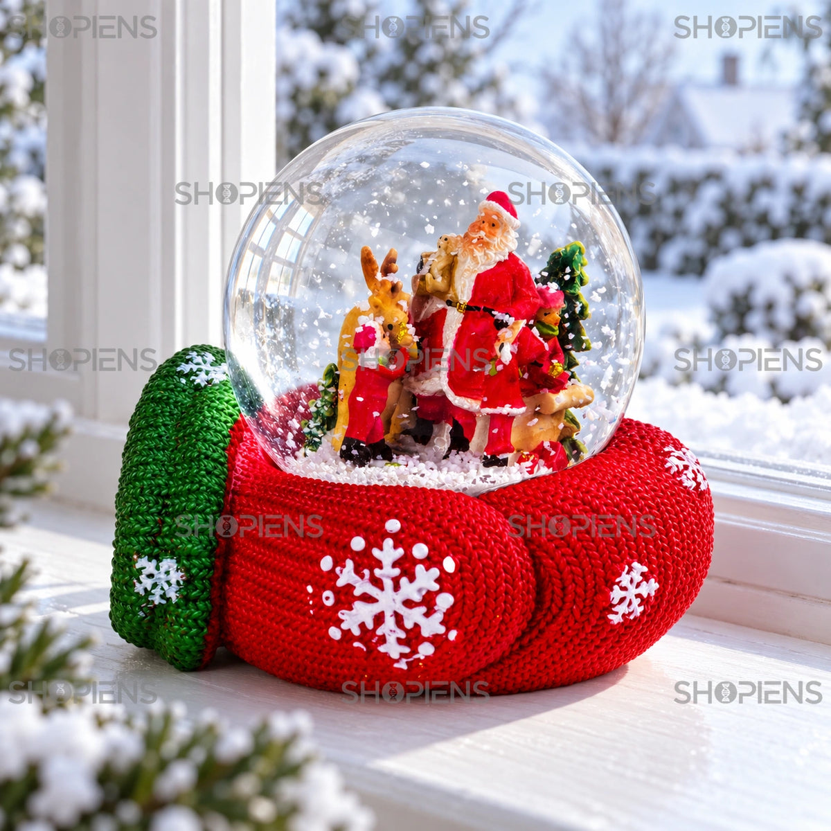 Glob de Crăciun pe mănușă decorativă lângă fereastră într-un decor de iarnă | Shopiens®